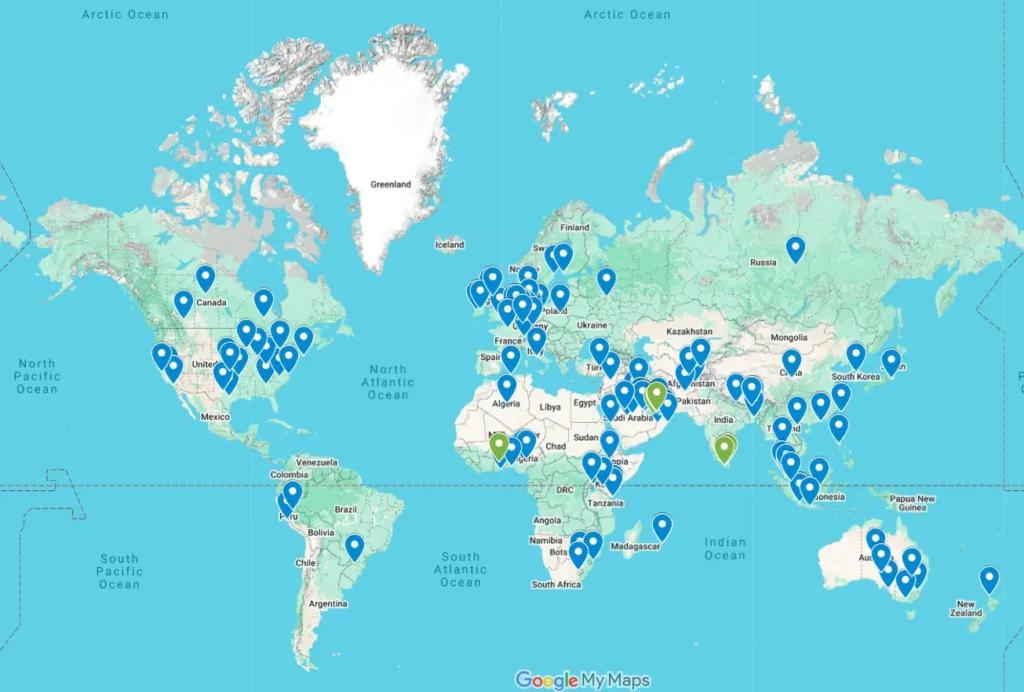 Google maps showing cities from around the world where foreign students can undertake NPTEL proctored online exam for online courses in bioinformatics.